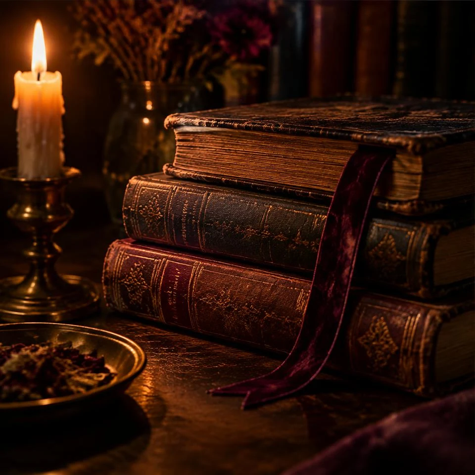 Old books in candlelight