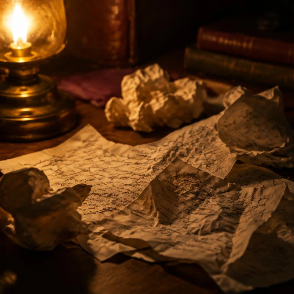 Crumpled manuscript pages in amber light