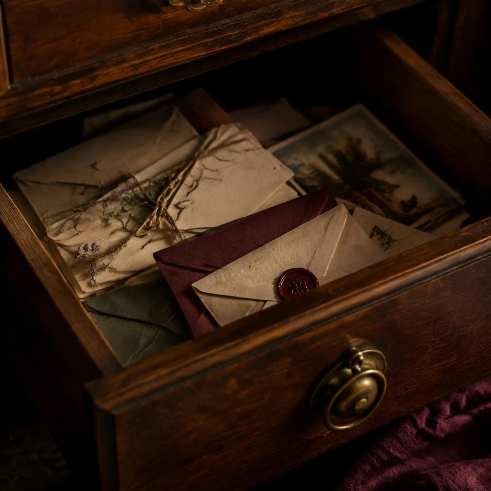 Letters in an open wooden drawer