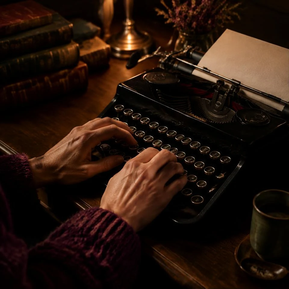 Hands typing on a vintage typewriter